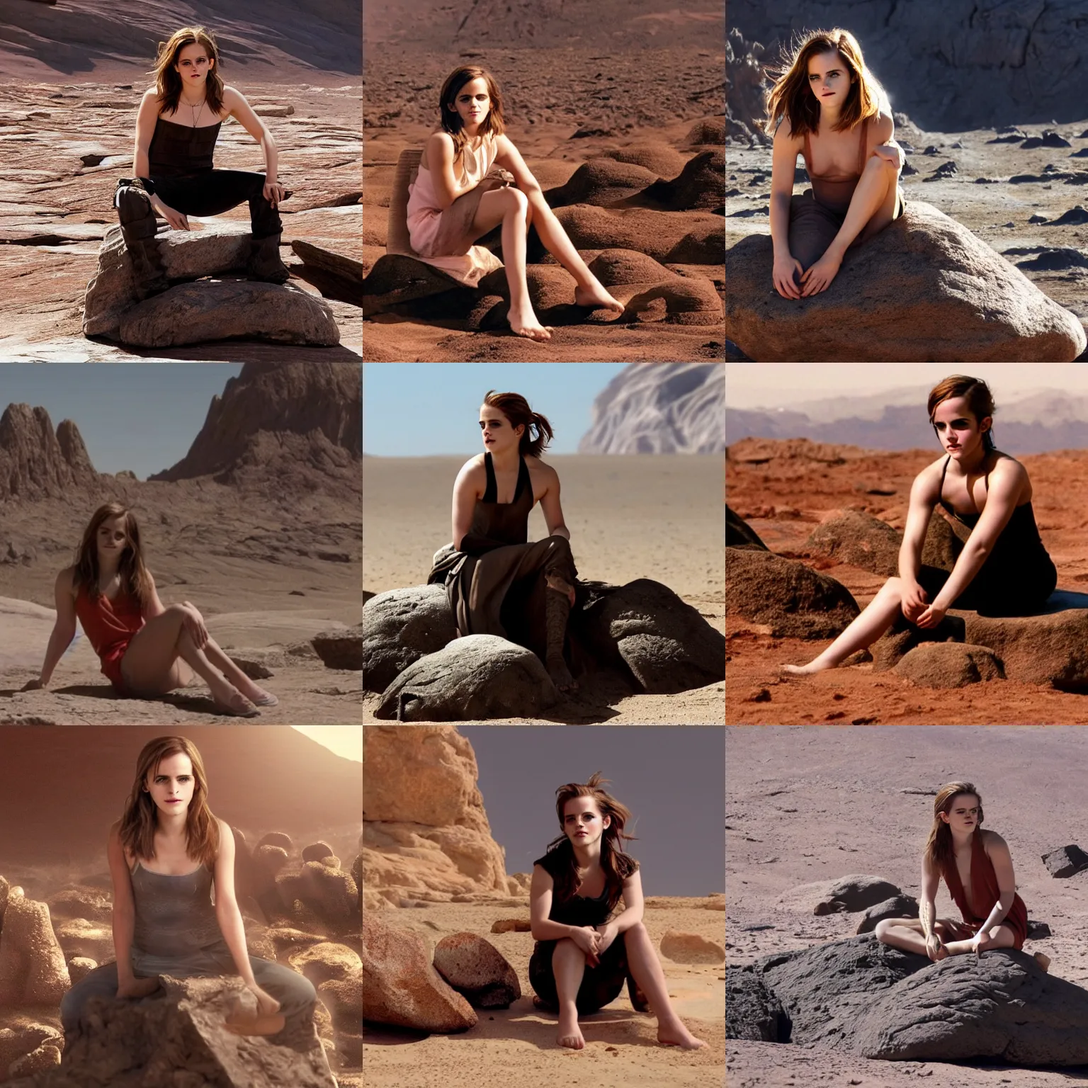 Prompt: Emma Watson sitting on a rock throne on the Martian surface