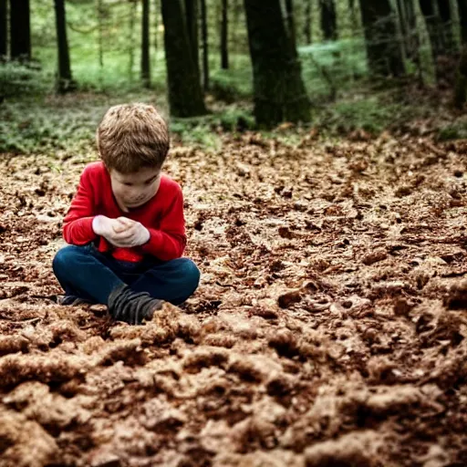 Image similar to A lost boy in the woods finds gingerbread crumbs, XF IQ4, 150MP, 50mm, f/1.4, ISO 200, 1/160s, natural light, Adobe Photoshop, Adobe Lightroom, DxO Photolab, Corel PaintShop Pro, rule of thirds, symmetrical balance, depth layering, polarizing filter, Sense of Depth, AI enhanced, sharpened, denoised