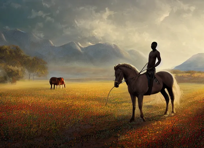 Prompt: digital illustration of a dark skinned man plowing next to a white horse in a farm, beautiful mountains in the background, a lake, colorful leaves, barn, in the style of greg rutkowski and artgerm