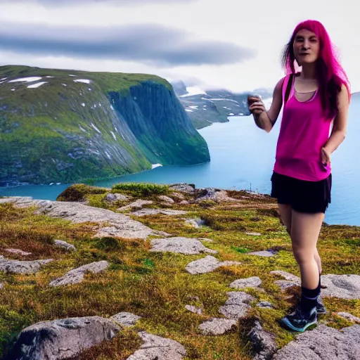 Image similar to a young woman with long pink hair, face front facing forward for a selfie, hiking clothes, tank top, norway, fjords in background, cinematic, beautiful, stunning, day time, epic, 8 k, 1 6 : 9