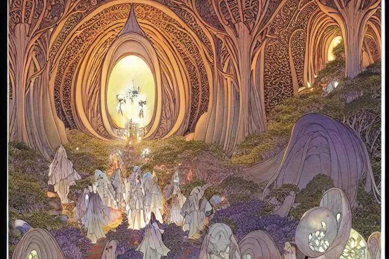 Prompt: a symmetrical!!! delicate mtg illustration by charles vess, rebecca guay and kawase hasui of a large group of people entering the glowing doorway of a massive vulva - shaped temple constructed of carved iridescent pearls and house - sized crystals of smooth and organic architecture floating in the astral plane