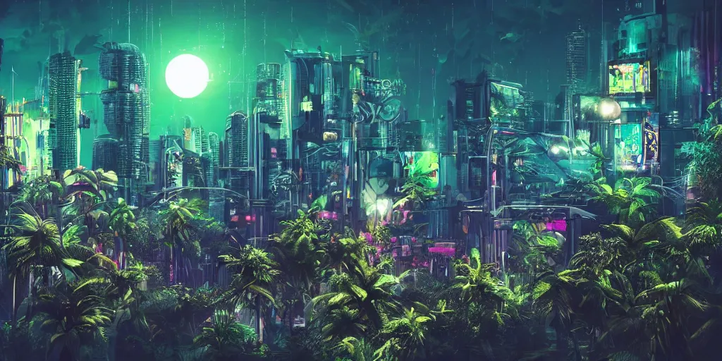 Prompt: futurictic city on the jungle, full moon, stars, photography, cinematic composition, cyberpunk, neons, jungle trees