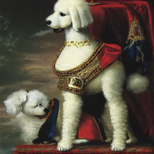 Image similar to portrait of a white poodle as an italian queen, painting by rafael