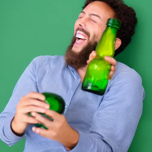 Prompt: stock photo of a man laughing at a green bottle