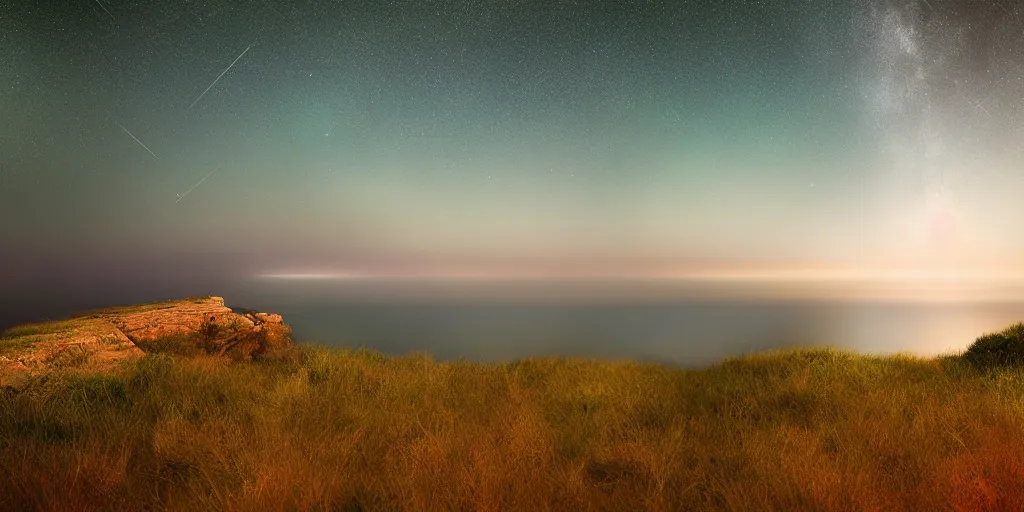 Image similar to Field on the edge of a cliff overlooking the ocean at midnight by Jessica Rossier