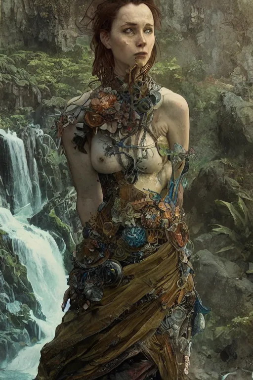 Image similar to a full body portrait of a beautiful post apocalyptic offworld neoicelandic biofarmer swimming by the waterfalls, intricate, elegant, highly detailed, digital painting, artstation, concept art, smooth, sharp focus, illustration, art by krenz cushart and artem demura and alphonse mucha