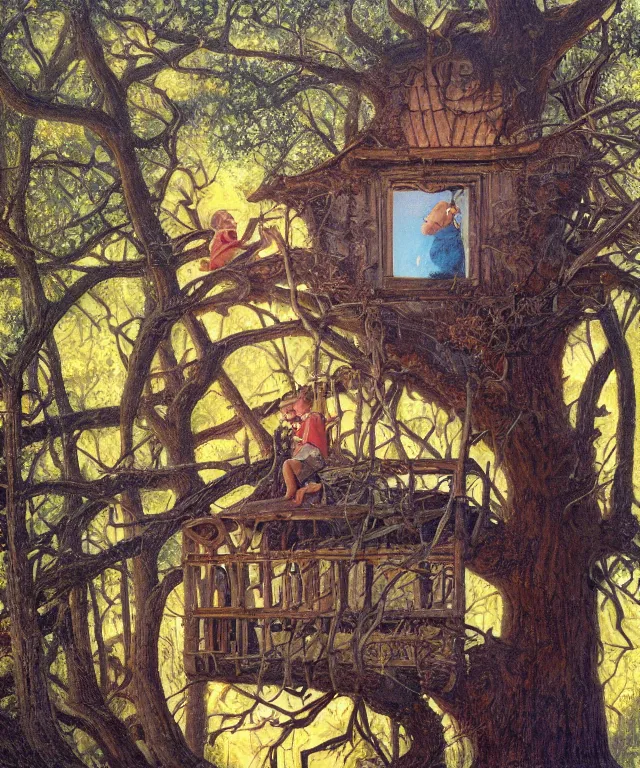 Image similar to masterful oil on canvas painting, eye - level view, shot from 5 0 feet distance, of a kid playing in a treehouse. in the background is a whimsical sparse forest. golden hour, detailed, depth, volume, chiaroscuro, quiet intensity, vivid color palette. by tex avery and gerald brom