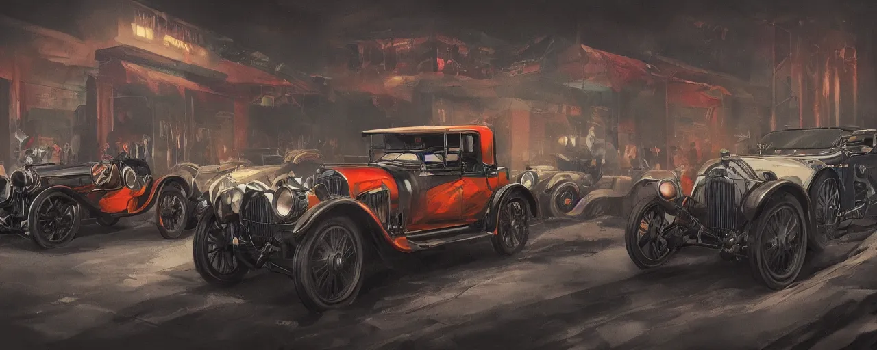 Image similar to 1920s race car rally, very dark and intense, vivid colors, trending on artstation, 8K, ultra wide angle, pincushion lens effect