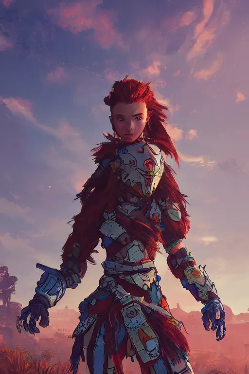 Image similar to combination suit armor aloy horizon forbidden west horizon zero dawn radiating a glowing aura global illumination ray tracing hdr fanart arstation by ian pesty and alena aenami artworks in 4 k tribal robot ninja mask helmet backpack