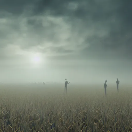 Image similar to demons inside a corn field, foggy, artstation