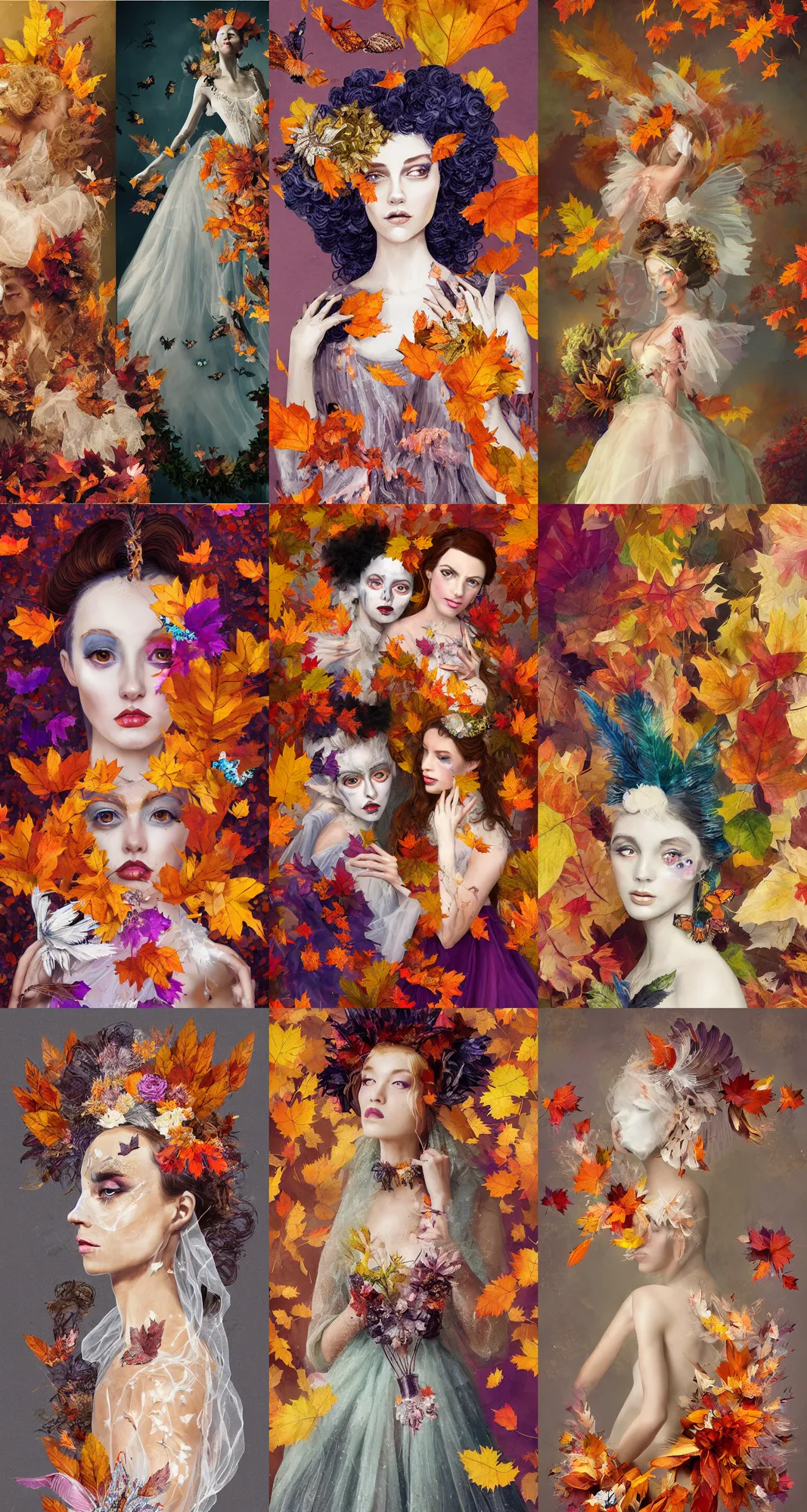 Prompt: Painterly character concept and fashion spot illustrations of a Halloween and Rococo-themed wedding, vibrant autumn colors, autumn leaves, monarch butterflies, full-body, dynamic poses, diaphanous translucent cloth, bloom, god rays, bloom, studio lighting, rim light, halo, glittery dust particulate, intricate refractive and reflective crystalline and feather jewelry, volumetric smoke, subsurface scattering, ornate, filigree, arcane, cinematic lighting, by Alphonse Mucha, by Bouguereau, by Rubens, by Luis Ricardo Flaero, fantasy, portfolio illustration, highly detailed, trending on Artstation, CGsociety, Pixologic top row, rendered in Octane, rendered in Arnold, HQ, 8k, 35mm lens, f2.8, Bokeh,