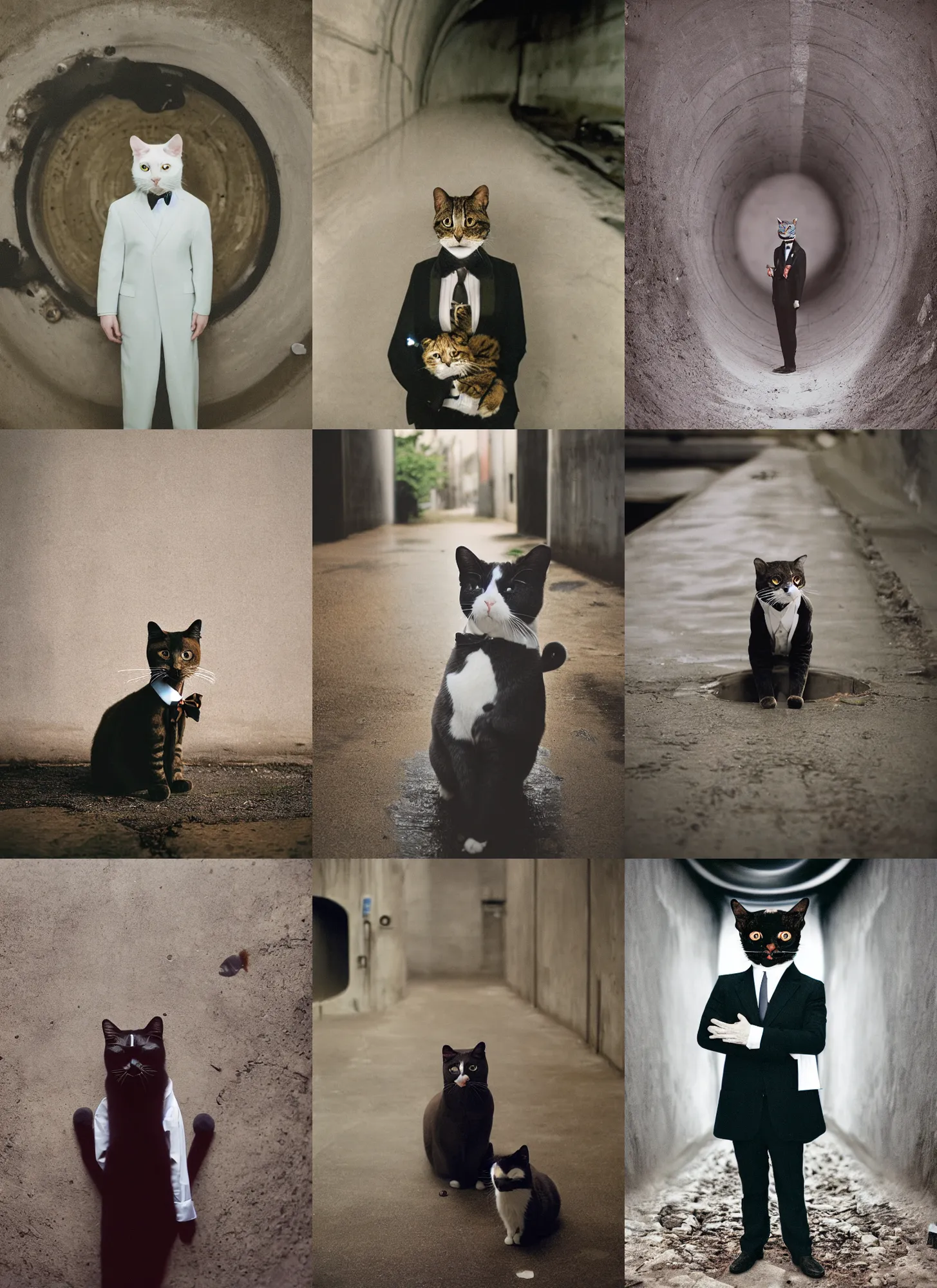 Prompt: medium format film portrait of a soulless anthropomorphic cat wearing a suit standing in a sewer, hasselblad film bokeh, unsplash, soft light photographed on colour expired film