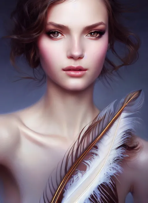 Image similar to a gorgeous female photo, professionally retouched, soft lighting, wearing a feather dress, realistic, smooth face, perfect eyes, wide angle, sharp focus on eyes, 8 k high definition, insanely detailed, intricate, elegant, art by artgerm and greg rutkowski