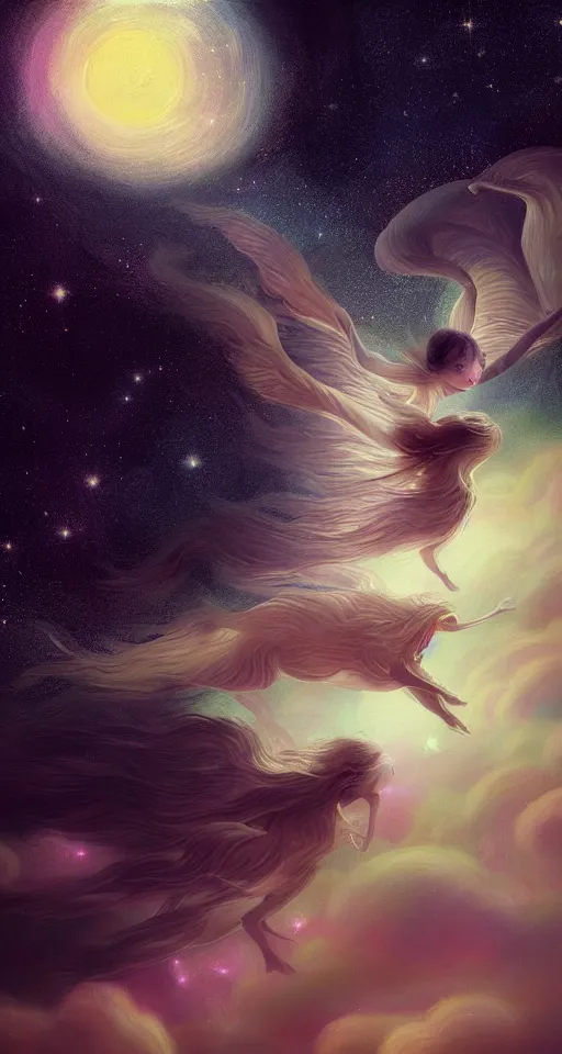 Prompt: breathtaking delicate detailed concept art painting beauty hugs creature flying with starry night inside, by hsiao - ron cheng, bizarre compositions, exquisite detail, single, one person, pastel colors, 8 k