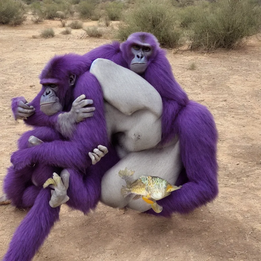 Image similar to photo of a purple gorilla hugging a generic fish in the desert
