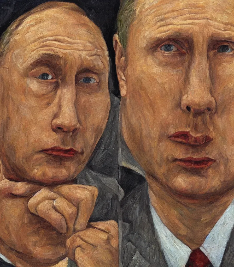 Image similar to closeup shot of putin in the style of lucian freud self portrait. oil painting, thick brush strokes.