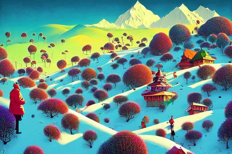 Image similar to surreal glimpse into other universe, himalaya with snow ice cream, summer morning, very coherent and colorful high contrast, art by!!!! gediminas pranckevicius!!!!, geof darrow, floralpunk screen printing woodblock, dark shadows, hard lighting