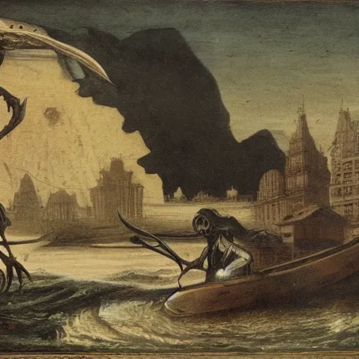 Image similar to charon and a banker in a reaper boat in the river styxx with submerged buildings in the background