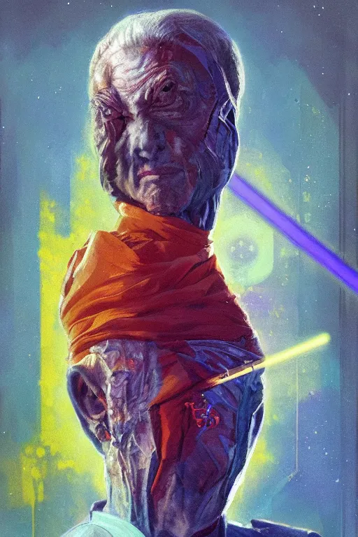 Image similar to symmetry!! a full body sci-fi portrait, oil painting, illustration of an old Jedi, colourful, by Justin Sweet and Greg Rutkowski and Alphones Much