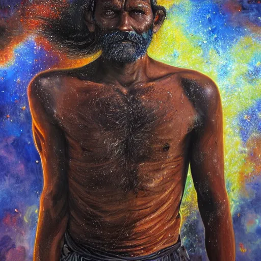 Image similar to portrait of head and body, single bangla farmer fighting on hoseback, hand to hand combat with machete, wielding machete, wearing a long lungi, full body view, long flowing hair, fighting for his life, nebula aura surrounding subject, hellscape, nestor canavarro art style, hyperrealist art style, sharp outlines