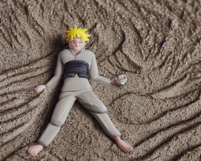 Prompt: 8 5 mm food photography of naruto made of sand near a garden with dof and bokeh and flowers o