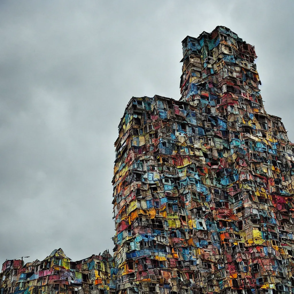 Image similar to close - up view of a tower made up of colourful makeshift squatter shacks, bleached colours, moody cloudy sky, dystopia, mamiya rb 6 7, very detailed, photographed by bruno barbey and brett whitely