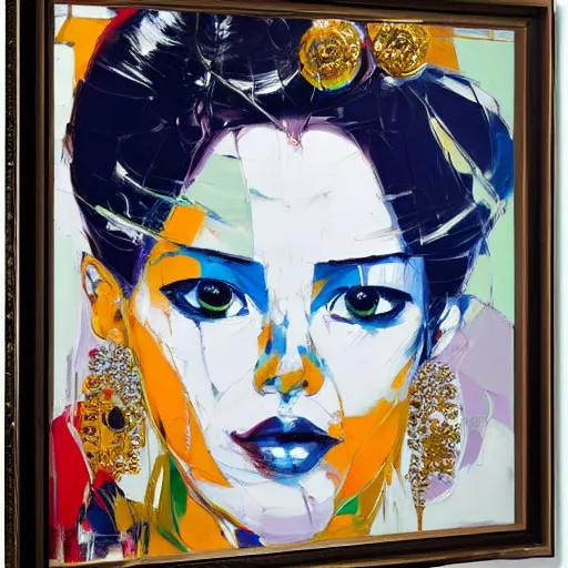 Prompt: portrait of geisha, silver and gold by francoise nielly