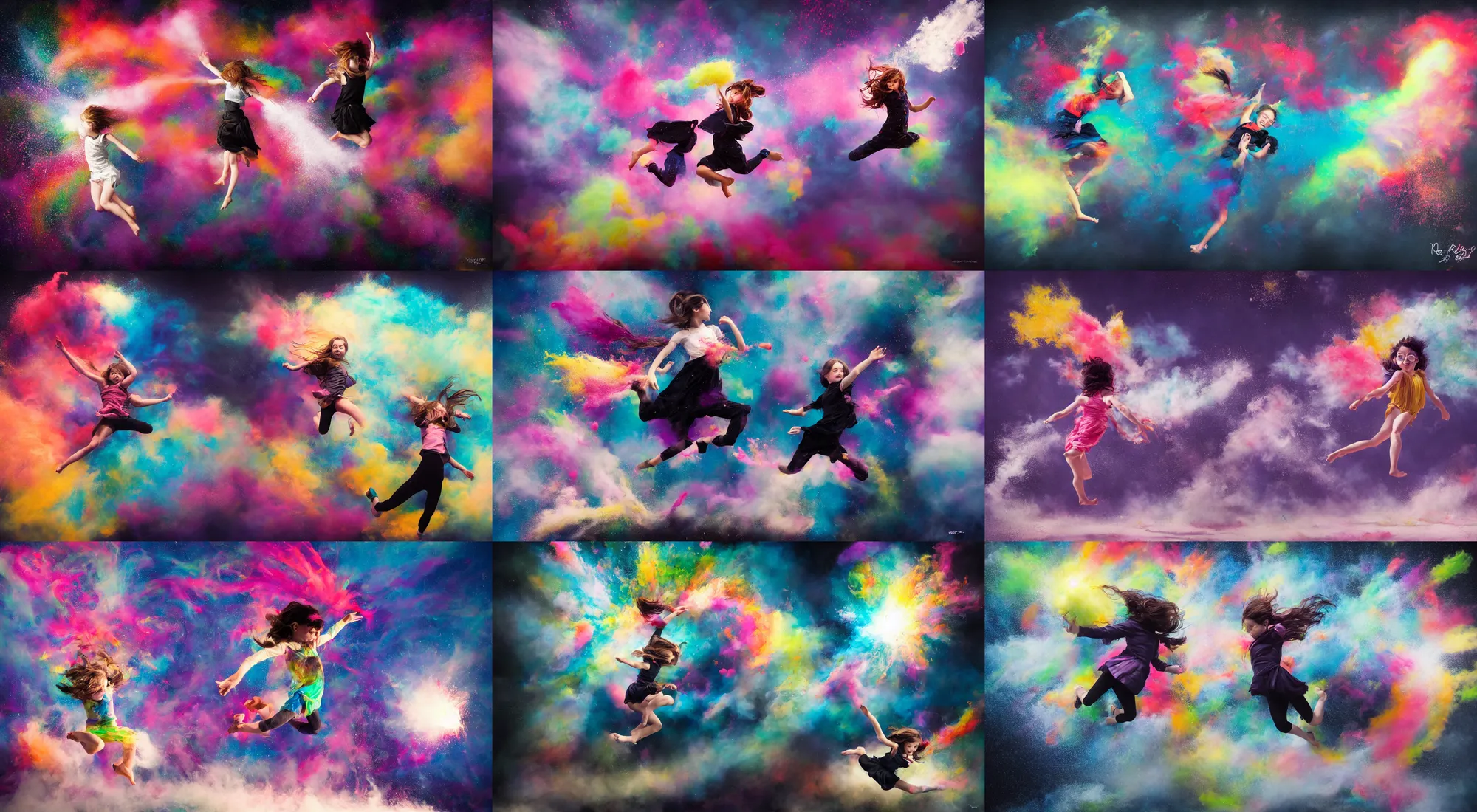 Prompt: a girl jumping through a centered explosion of colorful powder on a black background, wlop, steve argyle, ilya kuvshinov, ralph horsley, rossdraw, mark ryden, daniel f. gerhartz, sophie anderson, lilia alvarado, tom chambers