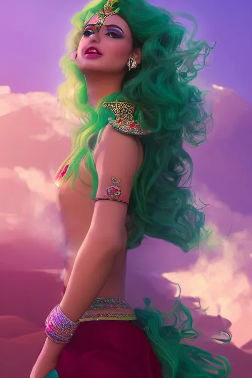 Image similar to dreamy beautiful persian egyptian princess in colorful clouds and smoke, green eyes, red dress, long black curly hair, smiling in awe wearing a diamond tiara, face, highly detailed, artstation, concept art, sharp focus, hyper realistic, octane render, unreal engine, 8 k