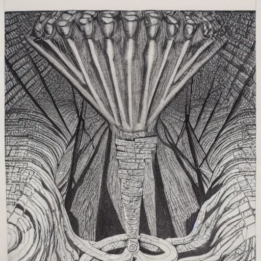 Image similar to eldritch god of madness, black ink on paper, m c escher