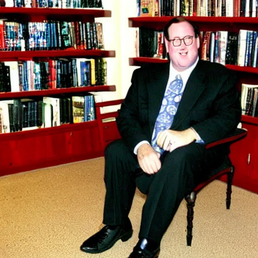 Prompt: 2 0 0 3 john lasseter wearing a black suit and necktie and black shoes sitting in a chair with his [ legs crossed ] in a bookstore.