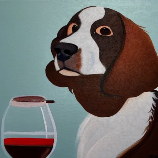 Prompt: painting of a brown and white spaniel at a smokey bar with a Martini, fine art, dots, brush marks, light effect