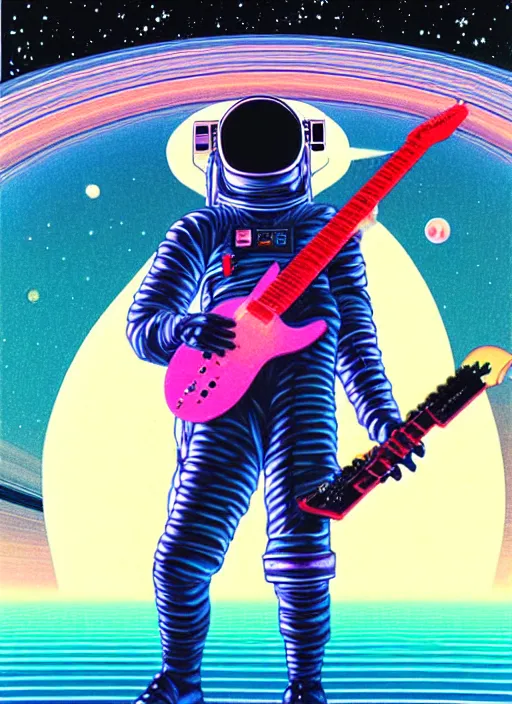 Image similar to realistic portrait of vaporwave cyberpunk astronaut playing an electric guitar floating in front of saturn, futuristic, highly detailed, 8 0 - s style poster, sharp focus, illustration, art by kawase hasui,