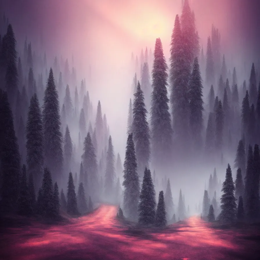 Image similar to symbolist atmospheric ink artwork of a road leading down the horizon through giant pine forests down a rocky mountain coast towards a majestic sunset. good vibes, cloudy and foggy landscape, soft tones, psychedelic, ultra realistic, concept art, modern art, photorealistic, octane render.