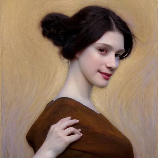 Image similar to Portrait of a beautiful, pale skin, female with long black hair, dark brown eyes, smiling, elegant clothing, photorealistic, highly detailed oil painting, artstation, smooth, sharp focus, art by Klimt, artgerm, Greg Rutkowski and Alphonse Mucha, natural light, Adobe Lightroom, photolab, Affinity Photo, PhotoDirector 365, artstation