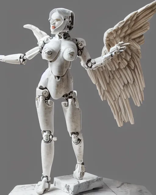 Prompt: unfinished marble sculpture of female angel with solarpunk mecha humanoid robotic parts with bright led lights, pudica pose gesture, by michelangelo, uncarved marble blocks instead of feet, in white museum, ultra - realistic and intricate, hdr 8 k