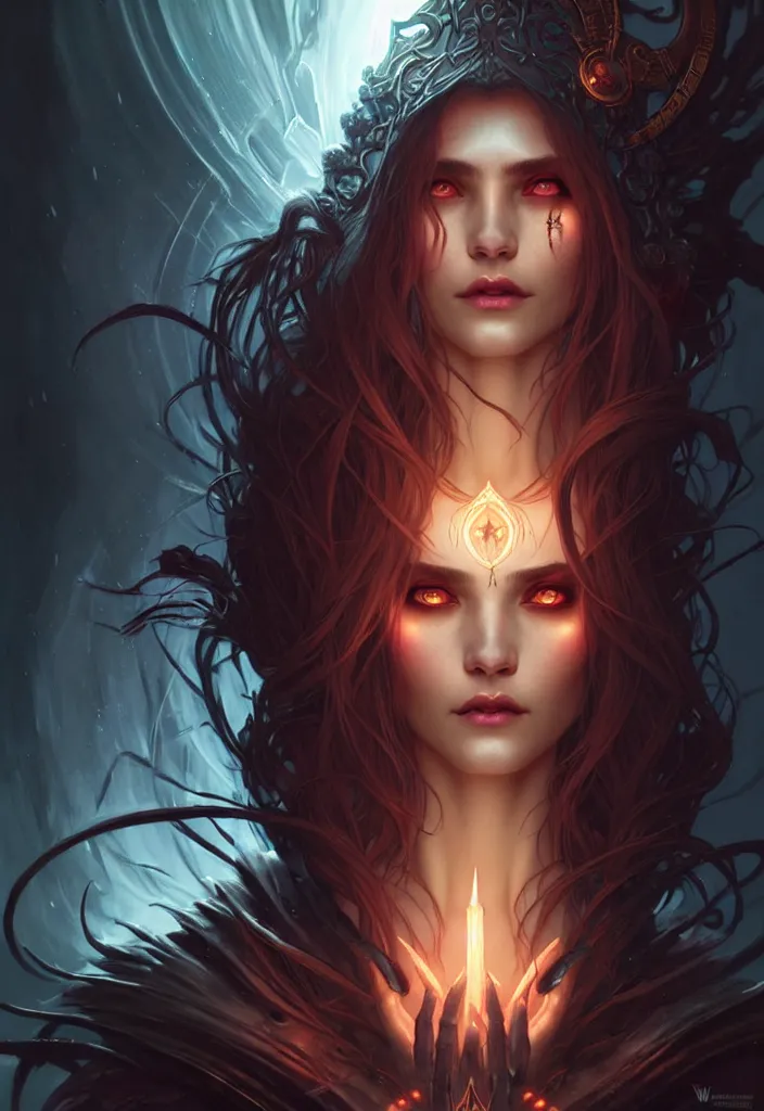 Image similar to Necromancer Sorceress face in center, fantasy magic, undercut hairstyle, dark light night, intricate, elegant, sharp focus, illustration, highly detailed, digital painting, concept art, matte, art by WLOP and Artgerm and Greg Rutkowski and Alphonse Mucha, masterpiece