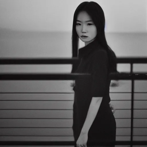 Image similar to black and white photo full shot of beautiful Japanese women with perfect eyes and simetrical face, standing on the bridge at night, shot by Akira Kurosawa perfect cinematic light, 8k, highl details, sharp focus