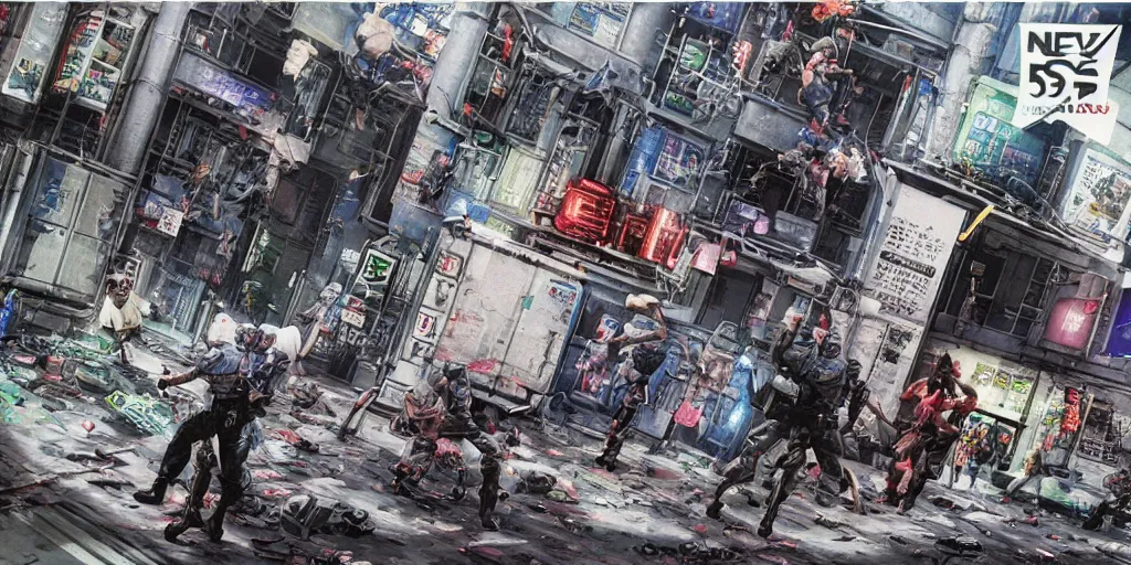 Image similar to 1992 Video Game Concept Art, Anime Neo-tokyo Cyborg bank robbers vs police, Set in Cyberpunk Bank Vault, bags of money, Multiplayer set-piece :9, Police officers hit by bullets, Police Calling for back up, Bullet Holes and Blood Splatter, :6 ,Hostages, Smoke Grenades, Large Caliber Sniper Fire, Chaos, Cyberpunk, Money, Anime Bullet VFX, Machine Gun Fire, Violent Gun Action, Shootout, Escape From Tarkov, Payday 2, Highly Detailed, 8k :7 by Katsuhiro Otomo + Studio Gainax : 8