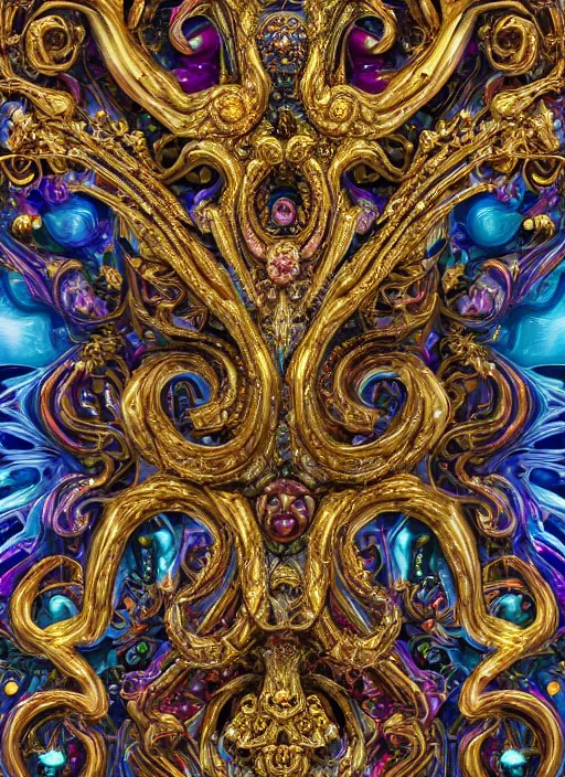 Image similar to a magnificent being with multiple eyes and organic limbs made of colorful crystals light and golden baroque ornaments by alex gray, 3D, 8k resolution