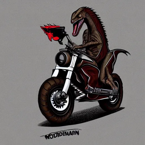 Image similar to a velociraptor riding a motorbike wearing a leather jacket, mordenism, trending on artstation, make it look like it was created by dall - e 2