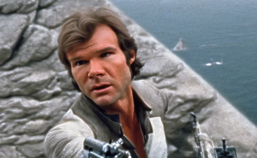 Prompt: screenshot portrait of Han Solo on a city cliff, cinematic scene from 1970s film by Stanley Kubrick, iconic, retro design, serene, stunning cinematography, hyper-detailed, sharp, anamorphic lenses, kodak color, 4k, stunning