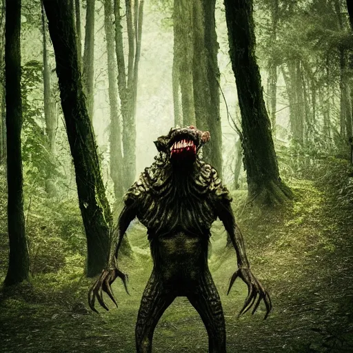 Image similar to werecreature consisting of a human and crocodile, photograph captured in a forest