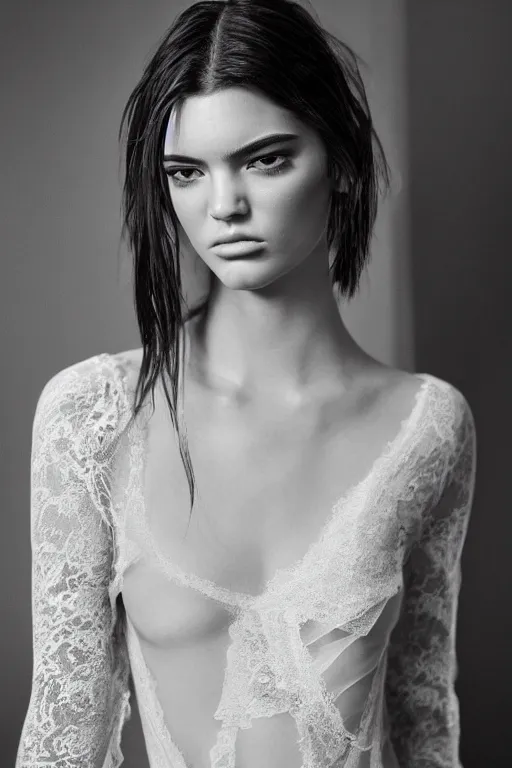 Image similar to emotionnal shot. fragile shy woman looking like Kendall Jenner with sheer dress with plunging neckline and lace sleeves. award-winning fashion photography. intimate and vulnerable lighting. 130mm bw fashion photography .
