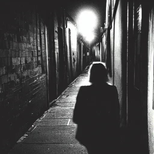 Prompt: a creepy cell phone camera picture of an alleyway in west philadelphia at night, with a college - aged woman in the distance. girl in the photo. directed by david lynch