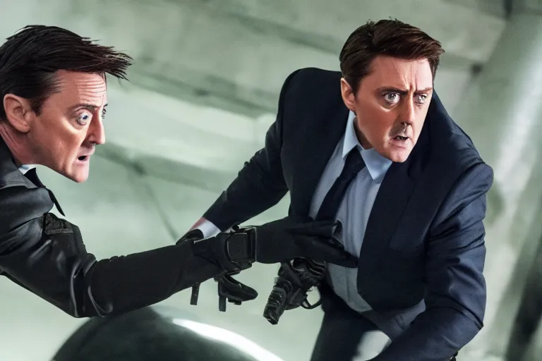 Image similar to a film still of Peter Serafinowicz in Mission: Impossible IX, high quality