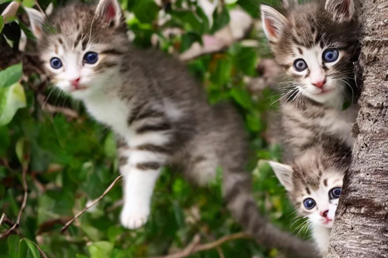 Image similar to kittens that are in a tree and the kittens are looking directly into the camera