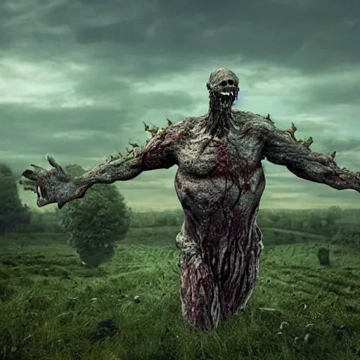 Image similar to a giant with a faceless head full of growths that are people sticking out in all directions as the giant stomps over the countryside grotesque body horror hyperreal cinematic gross uncanny anatomy