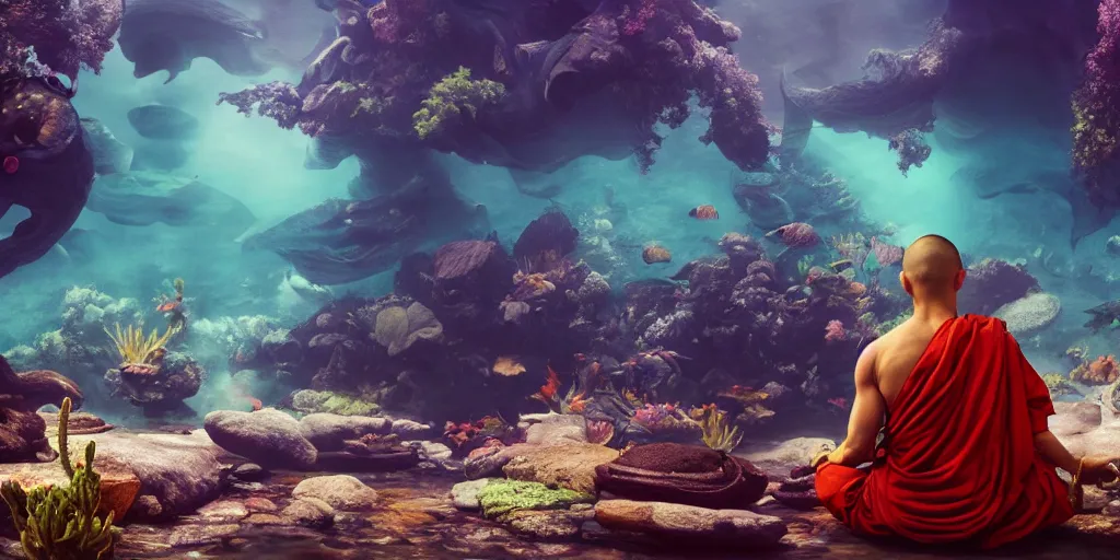 Prompt: backside of ancient wise monk meditating underwater, lotus pose, monk is in the centre of the frame, epic composition, fabrics flying around him, smoky, dark, mysterious, colourful fish, giant sea creatures, high detail, green atmosphere, digital art, artstation, unreal engine 5, octane render