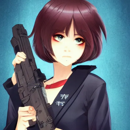 Image similar to a woman with a gun in her hand, a character portrait by shitao, trending on pixiv, sots art, official art, pixiv, anime